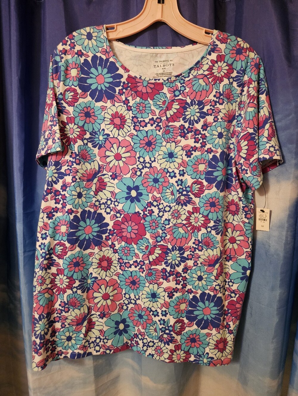Talbots Floral Scoop Neck Tee in Pink, Blue & Teal